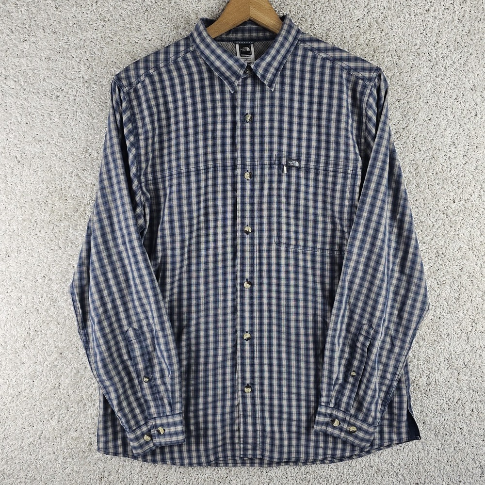 Vintage The North Face Hiking Button Up Plaid Front Zip Pocket Shirt Mens Large